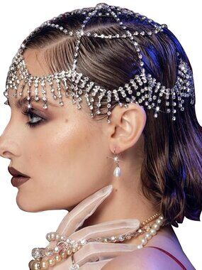1920s Mesh Rhinestone Headband Cap Silver Tassel Crystal Head Chain Wedding Brid